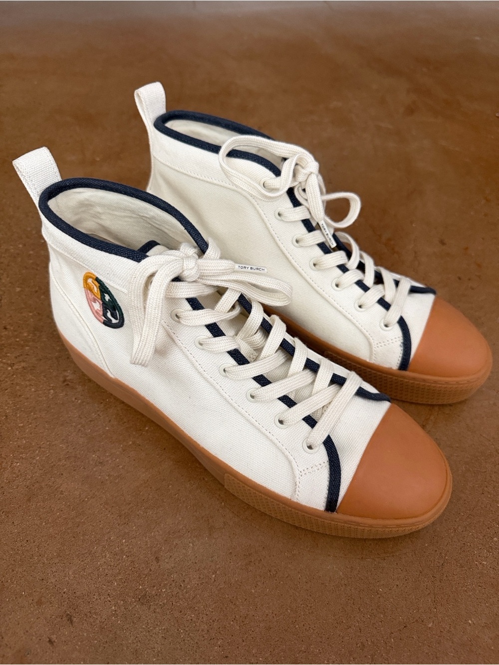 Tory Burch Nola High Top Canvas Sneakers Ivory Navy Women’s Size 10 NWOT